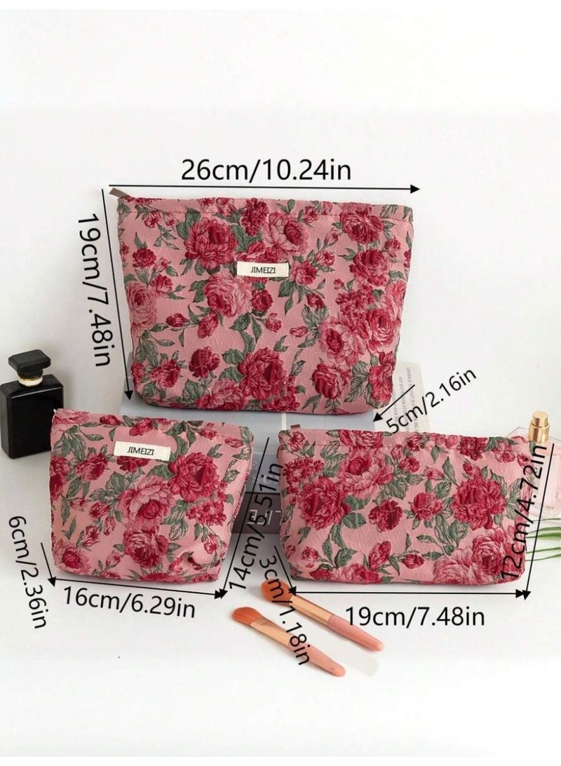 حقيبة كبيرة مكياج بنقشة ورود كلاسيكية – شنطة تجميل قماشية أنيقة للاستخدام اليومي والسفر - Image 4